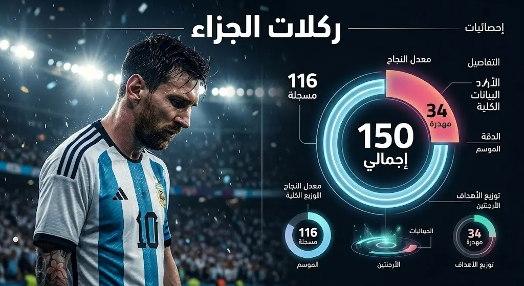 إنفوجرافيك رياضي يستعرض إحصائيات ركلات الجزاء في مسيرة ليونيل ميسي مع صورة تعبيرية لحالته النفسية