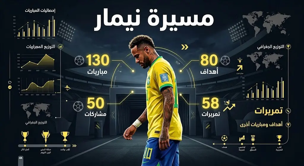 إنفوجرافيك يستعرض أرقام وإحصائيات مسيرة اللاعب البرازيلي نيمار مع المنتخب الوطني، تشمل عدد المباريات والأهداف والتمريرات الحاسمة والبطولات.