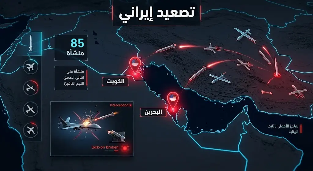 إنفوجرافيك يوضح خريطة الاستهداف الإيراني لقواعد أمريكية في الكويت والبحرين باستخدام الصواريخ الباليستية والطائرات المسيرة.
