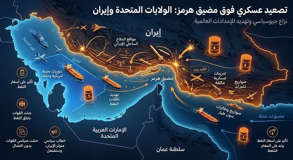 خريطة إنفوجرافيك تعبيرية تظهر التصعيد العسكري بين الولايات المتحدة وإيران وتأثيره على إمدادات النفط في مضيق هرمز.