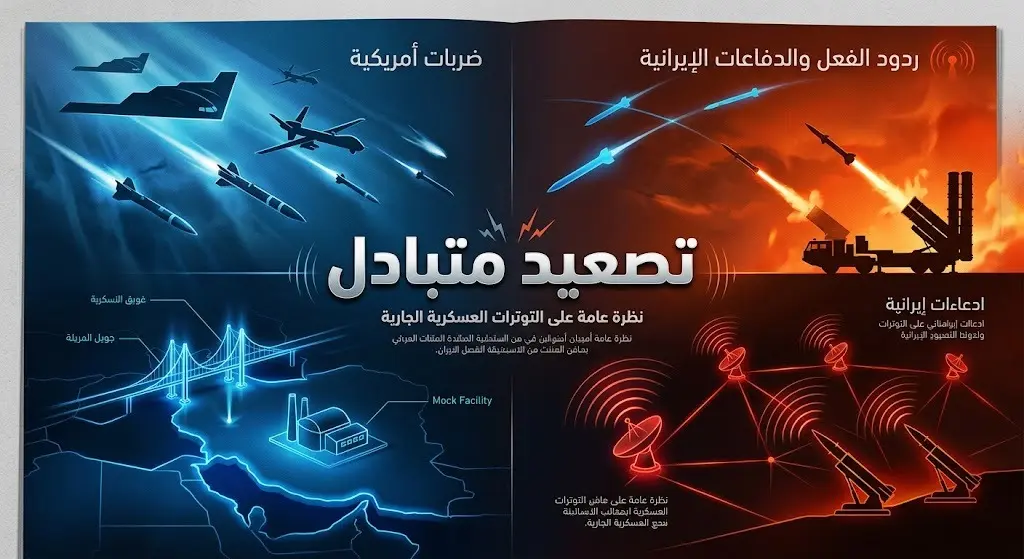 تصميم مقارن يجسد التصعيد العسكري المتبادل، يظهر رموزاً للضربات الجوية والردود العسكرية بألوان متباينة.