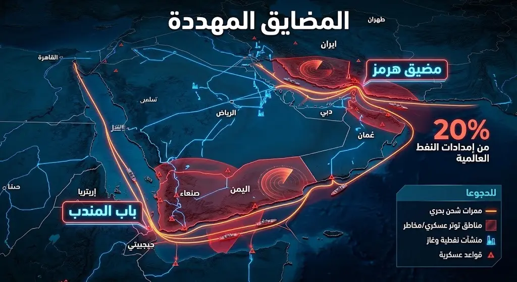خريطة إنفوجرافيك ثلاثية الأبعاد توضح مضيقي هرمز وباب المندب والمسارات البحرية لقطاع الطاقة المهددة جراء التصعيد العسكري.
