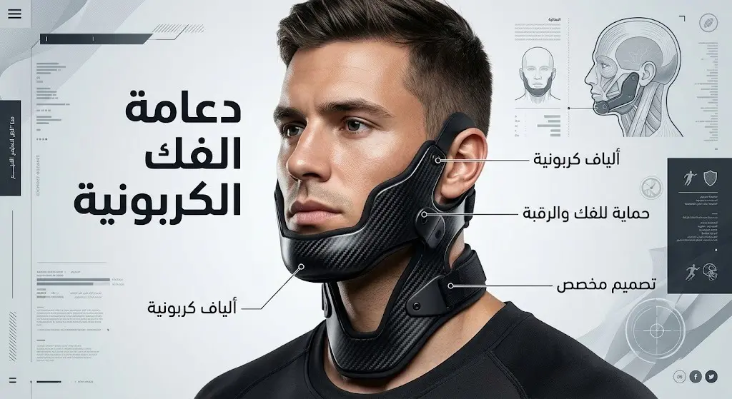 تصميم ثلاثي الأبعاد يوضح تفاصيل دعامة الفك المصنوعة من ألياف الكربون وتثبيتها على رأس ورقبة اللاعب.