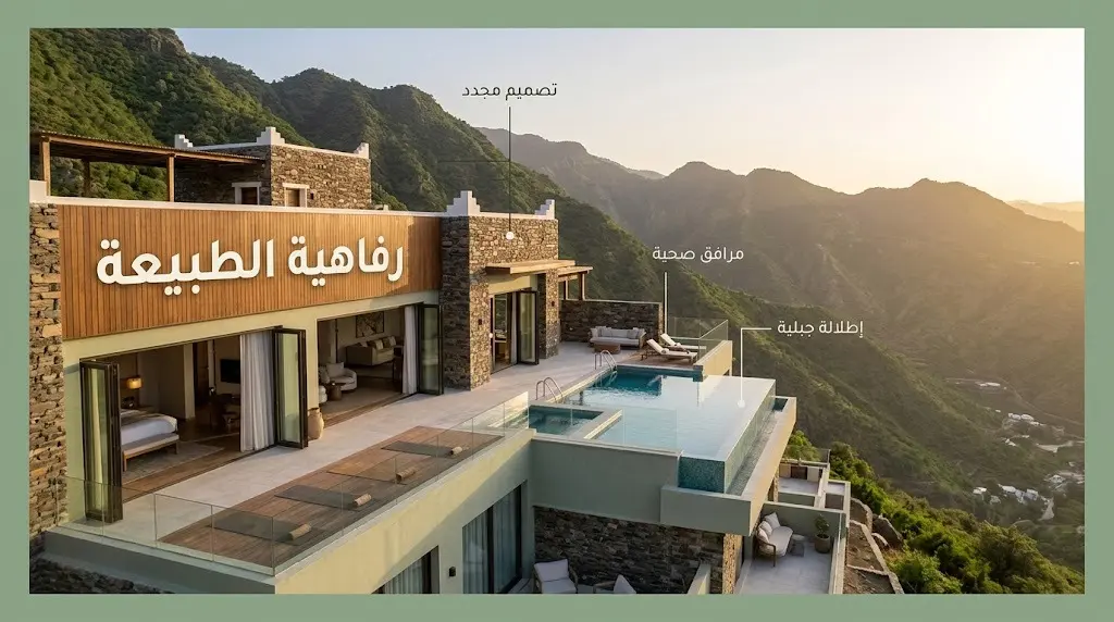 مشهد معماري داخلي فاخر يطل على جبال عسير الخضراء، يجسد مفهوم التصميم المتمحور حول الرفاهية والاستجمام والتواصل مع الطبيعة.
