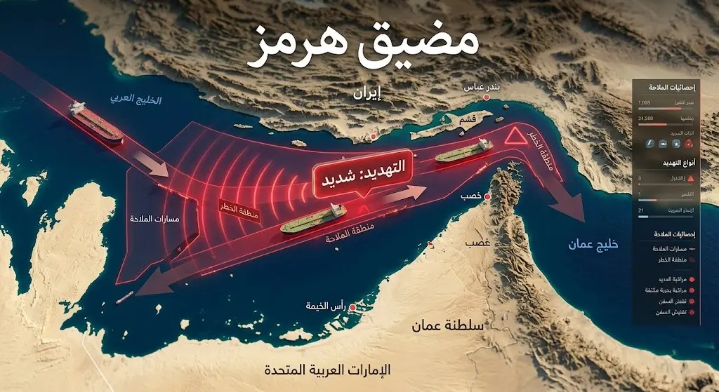 خريطة معلوماتية توضح مضيق هرمز ومستوى التهديد الأمني الشديد لحركة الملاحة والناقلات التجارية.