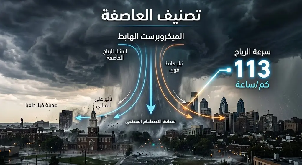 تصميم مرئي يوضح طبيعة الرياح الهابطة التي ضربت فيلادلفيا بسرعة تصل إلى 113 كيلومتراً في الساعة.