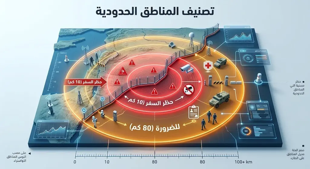 إنفوجرافيك يوضح تصنيف المناطق الحدودية إلى نطاقين، أحمر بعمق 10 كيلومترات يحظر السفر إليه، وبرتقالي حتى 80 كيلومتراً مخصص للضرورة القصوى.