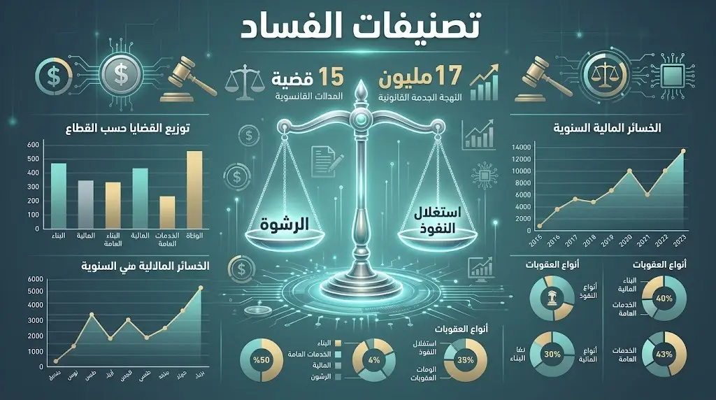 تصميم مرئي يوضح الفروق بين جرائم الرشوة واستغلال النفوذ، مع إبراز إحصائيات تشمل 15 قضية بقيمة تتجاوز 17 مليون ريال.