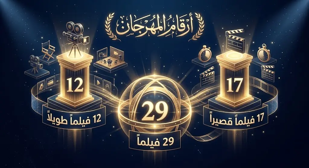 إنفوجرافيك سينمائي يوضح بالأرقام تصنيفات الأفلام المشاركة في الدورة السابعة لمهرجان الفيلم العربي، مقسمة إلى 12 فيلماً طويلاً و17 فيلماً قصيراً.