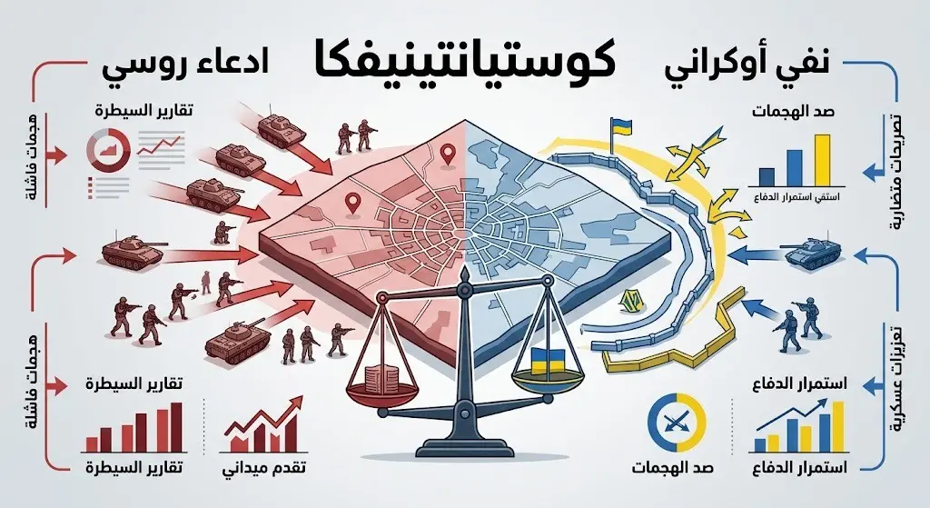 تصميم إنفوجرافيك يوضح التضارب بين إعلان روسيا السيطرة على كوستيانتينيفكا ونفي أوكرانيا لذلك.