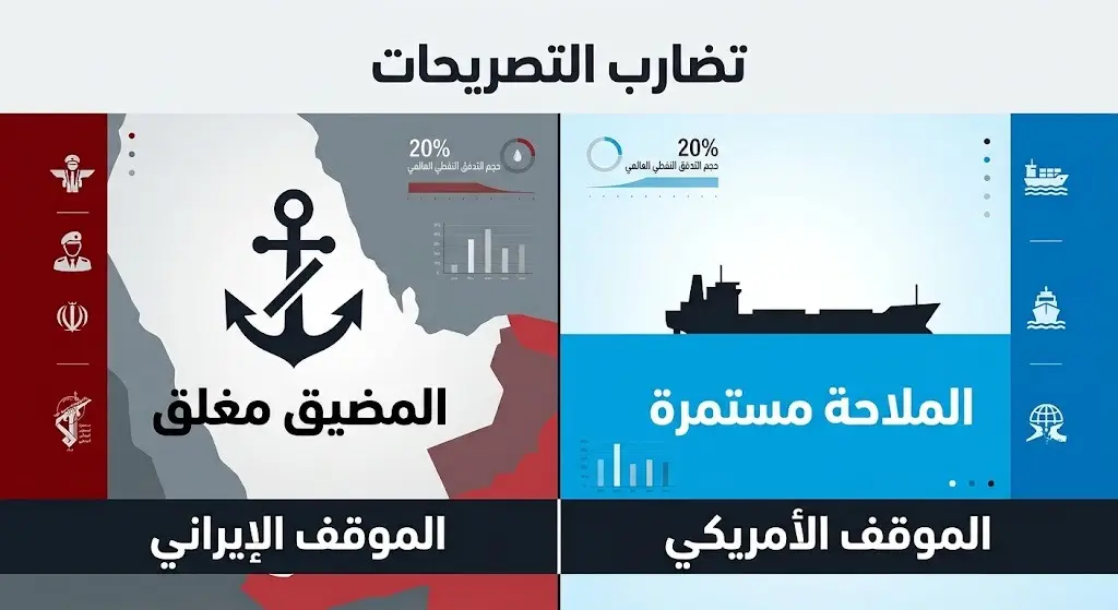 مقارنة بصرية بين التصريحات الإيرانية والأمريكية حول حركة الملاحة في مضيق هرمز.
