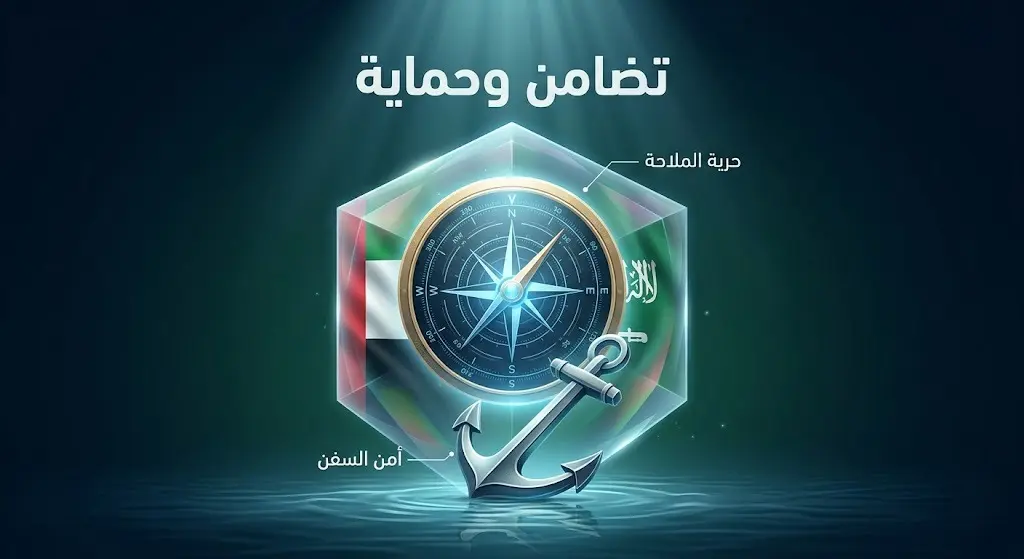 تصميم تعبيري رقمي يجسد التضامن الإماراتي مع السعودية لحماية الملاحة البحرية وتأمين الممرات الدولية ضد التهديدات.