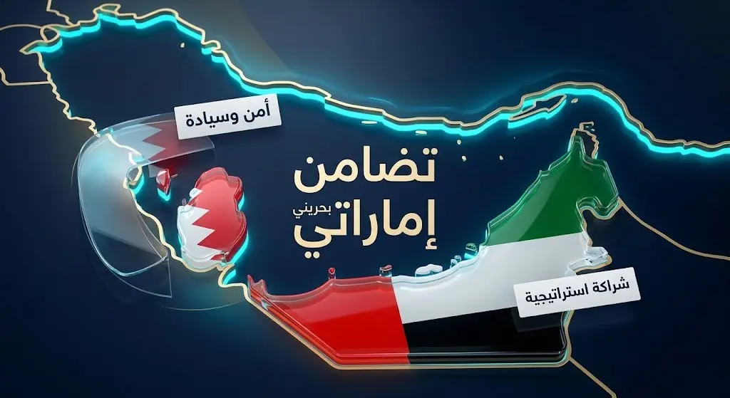 صورة تعبيرية تظهر خريطة الخليج العربي بتصميم حديث يدمج ألوان علمي البحرين والإمارات للدلالة على التضامن الاستراتيجي.
