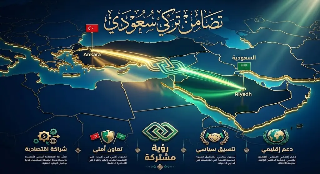 خريطة إنفوجرافيك تعبيرية تظهر خطوط اتصال مضيئة بين تركيا والسعودية ترمز للتضامن الدبلوماسي بين البلدين.