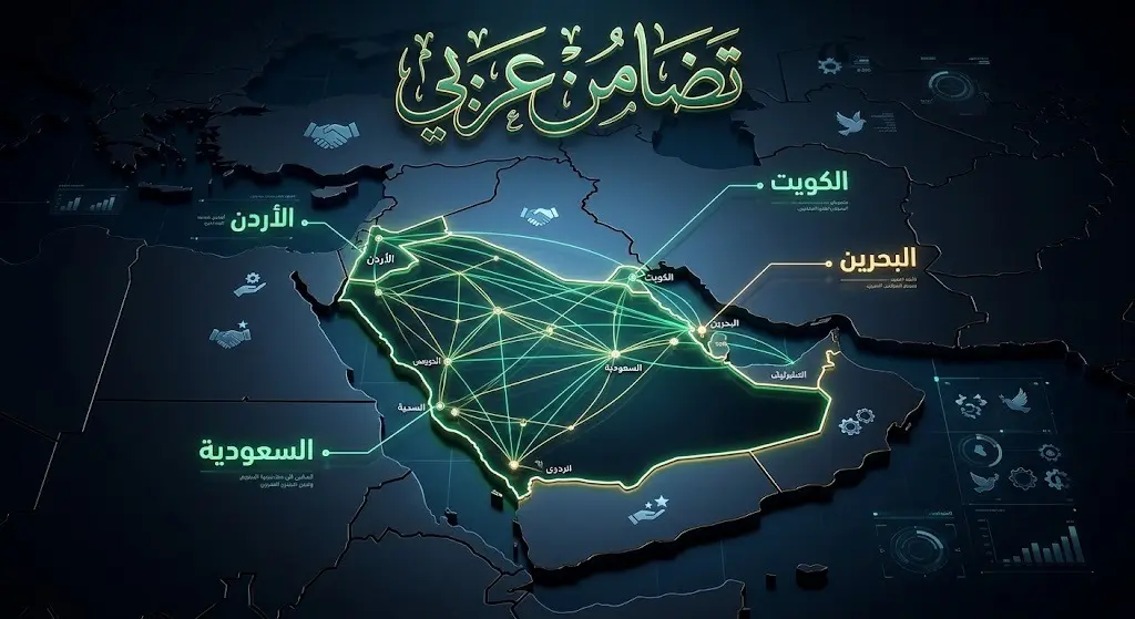 خريطة إنفوجرافيك ثلاثية الأبعاد تبرز الترابط والتضامن بين السعودية والكويت والبحرين والأردن عبر شبكة من الخطوط المضيئة.