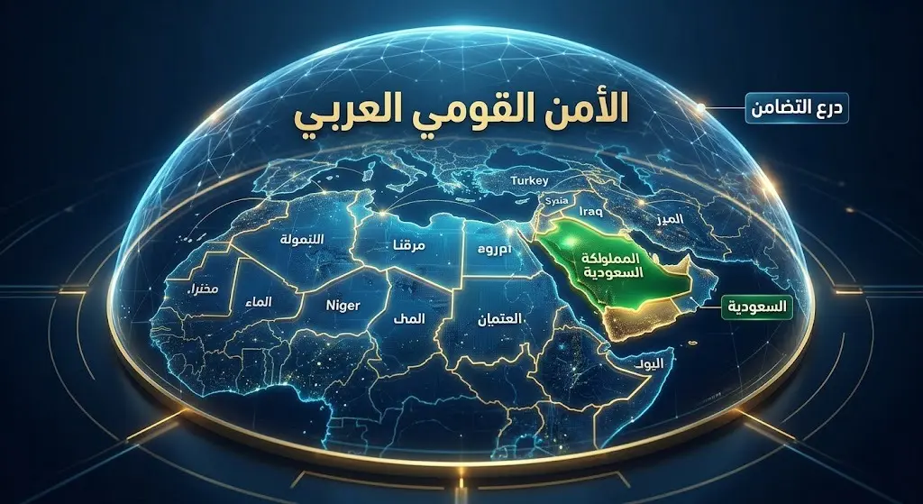 تصميم ثلاثي الأبعاد يوضح خريطة الوطن العربي مع تسليط الضوء على السعودية تحت درع حماية إلكتروني يرمز للتضامن العربي.