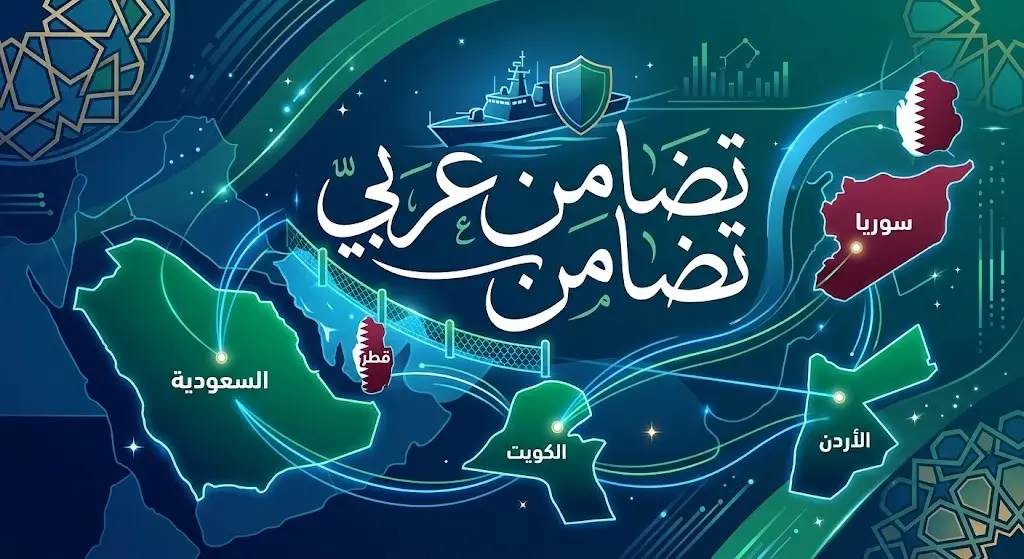 تصميم بصري يجسد التضامن العربي من عدة دول مع المملكة العربية السعودية وقطر ضد استهداف ناقلات النفط.