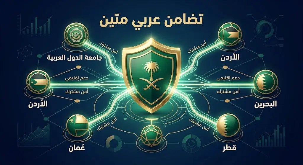 رسم تعبيري يجسد التضامن العربي والدبلوماسي الواسع مع المملكة العربية السعودية لحماية أمنها القومي.