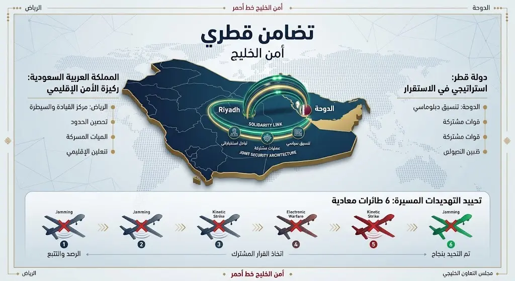 تصميم بصري يظهر خريطة الخليج بخطوط مضيئة تربط بين الدوحة والرياض تعبيراً عن التضامن المشترك