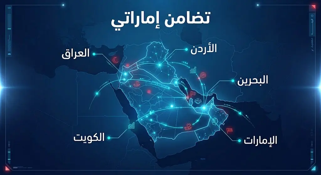 إنفوجرافيك عصري يوضح شبكة التضامن بين دولة الإمارات والدول المستهدفة (البحرين، الكويت، الأردن، والعراق) مع إبراز أسماء الدول بوضوح.