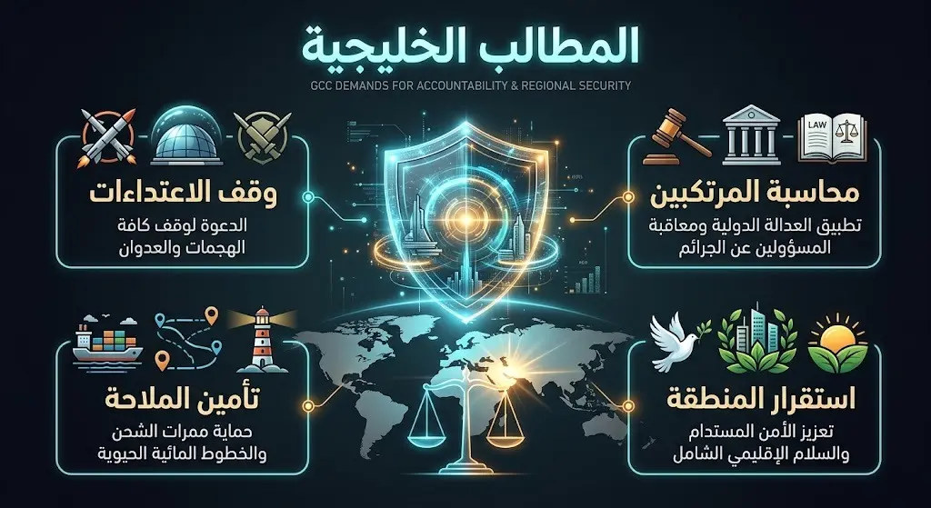 تصميم فني يبرز المطالب الخليجية الأربعة المتمثلة في وقف الاعتداءات والمحاسبة وتأمين الملاحة وحفظ الاستقرار.