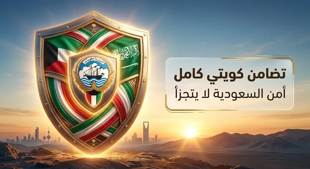 لوحة بصرية تعبيرية تدمج علمي الكويت والسعودية في درع معدني قوي، ترمز للتضامن الكامل والدعم المطلق للإجراءات الأمنية السعودية.