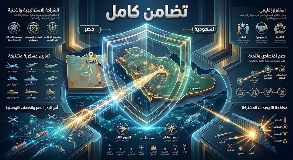 تصميم فني ثلاثي الأبعاد يرمز للتضامن المصري السعودي، يظهر درعاً حامياً يغطي خريطة المملكة مع خط تواصل مضيء ينطلق من مصر تعبيراً عن الدعم الأمني.