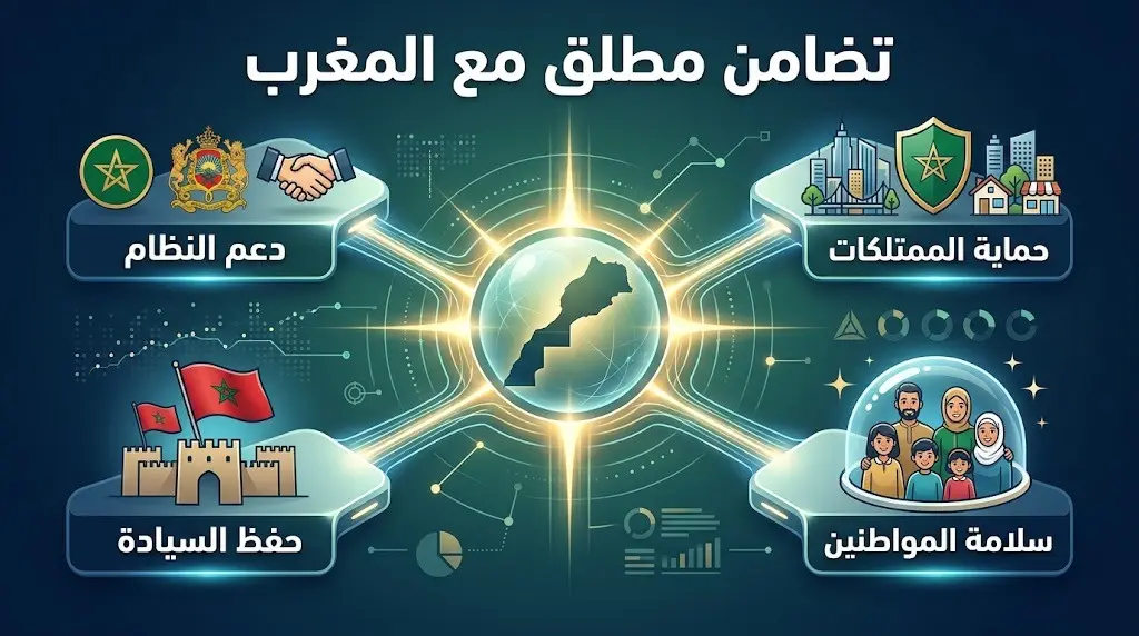 إنفوجرافيك يستعرض ركائز التضامن المطلق مع المغرب، متضمناً دعم النظام وحفظ السيادة وحماية المواطنين.