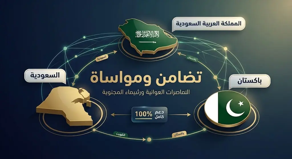إنفوجرافيك وتصميم إخباري احترافي يجسد التضامن السعودي والكويتي مع باكستان، تبرز فيه أسماء الدول متصلة بخطوط الوحدة والدعم، مع نصوص عربية واضحة تعبر عن المواساة.