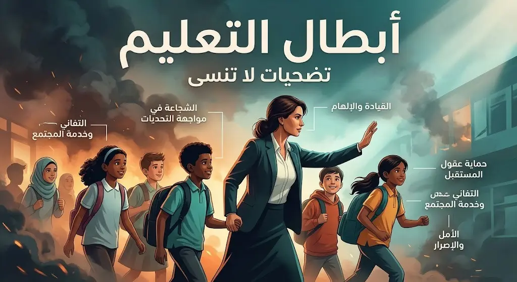 تصميم فني وتعبيري يصور معلمة تحمي طالباتها بشجاعة وسط الدخان، مع نصوص عربية مكتوبة بخط سليم ومترابط تقديراً لبطولات الكادر التعليمي.