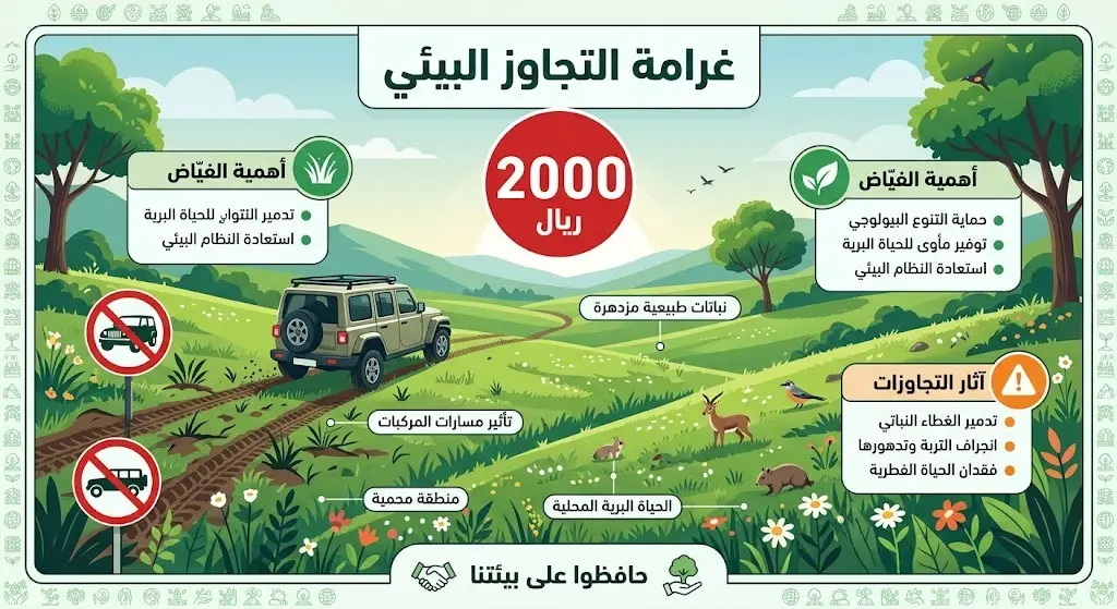 إنفوجرافيك يوضح حماية الروضات البرية وقيمة غرامة التجاوز البيئي بـ 2000 ريال.