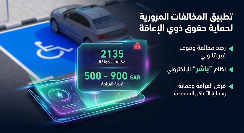 إنفوجرافيك إبداعي يستعرض آلية الرصد الإلكتروني للمخالفات المرورية في مواقف ذوي الإعاقة وقيمة الغرامات.