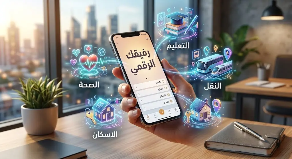 تصميم إبداعي يبرز دور التطبيق كرفيق رقمي يلبي الاحتياجات اليومية في قطاعات الصحة والتعليم والنقل والإسكان.