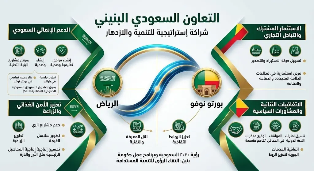 تصميم إنفوجرافيك إخباري يبرز مسار التعاون الدبلوماسي بين المملكة العربية السعودية وجمهورية بنين، مع رموز بصرية تربط بين العاصمتين.