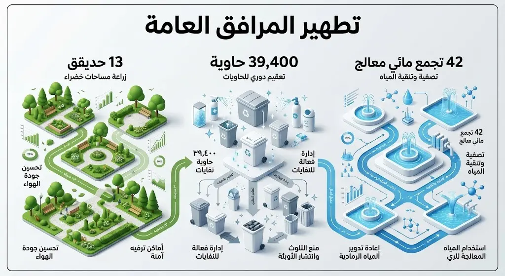 إنفوجرافيك إبداعي يستعرض جهود تطهير المرافق العامة في النعيرية، متضمناً أرقام الحدائق، الحاويات المعقمة، والتجمعات المائية المعالجة.