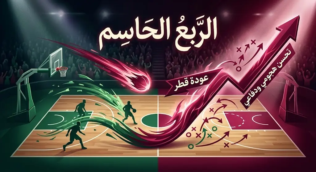 تصميم تعبيري يظهر تحول مسار المباراة وتفوق المنتخب القطري هجومياً ودفاعياً في الربع الأخير.