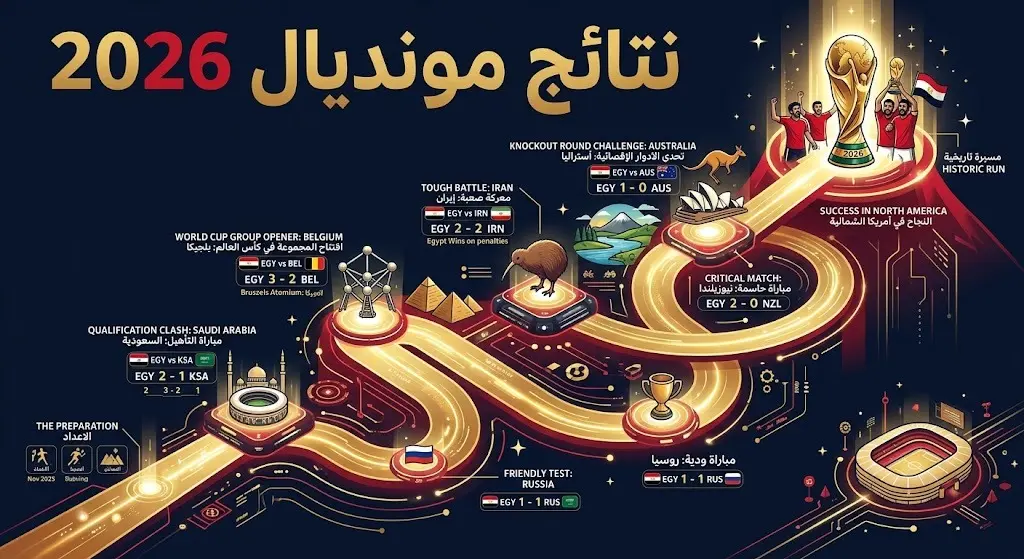 تصميم بصري على شكل خط زمني صاعد يوضح مسار نتائج المنتخب المصري في مرحلة الإعداد ومونديال 2026 بداية من ودية السعودية حتى الأدوار الإقصائية.