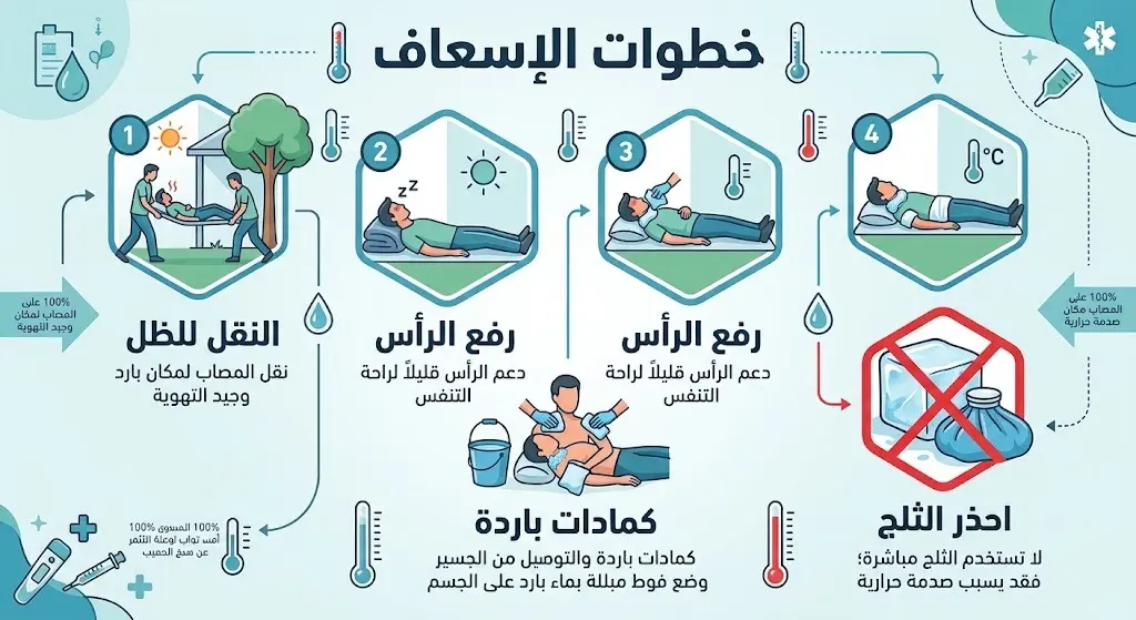 رسم توضيحي لخطوات الإسعاف الأولي لضربة الشمس مع تحذير طبي واضح من استخدام الثلج.