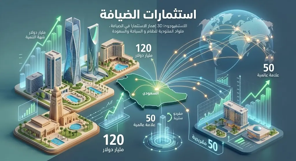 تصميم بياني إبداعي يبرز حجم الاستثمارات الضخمة في قطاع الضيافة السعودي بمشاركة العلامات الفندقية العالمية.