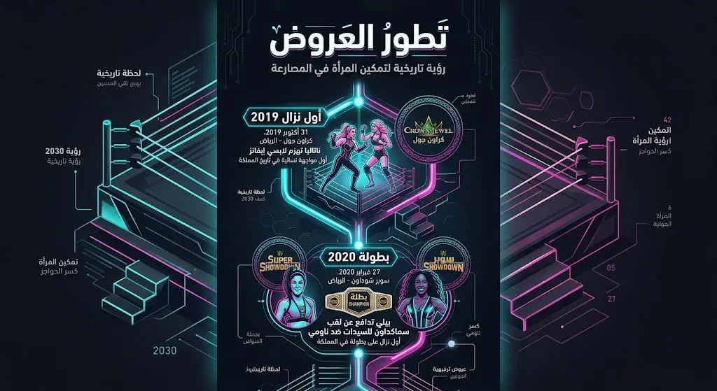 إنفوجرافيك زمني يبرز أهم المحطات في تاريخ النزالات النسائية ضمن عروض WWE في السعودية منذ انطلاقتها وحتى العروض المستقبلية.