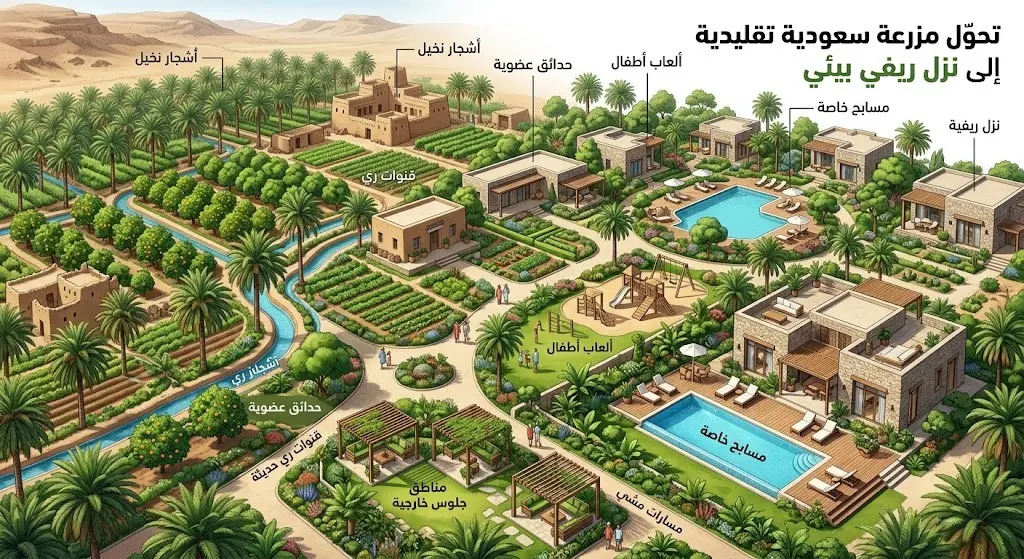إنفوجرافيك يوضح تصميم نزل ريفي متكامل يجمع بين الطبيعة الزراعية لأشجار النخيل والمرافق السياحية كالمسابح والفلل.