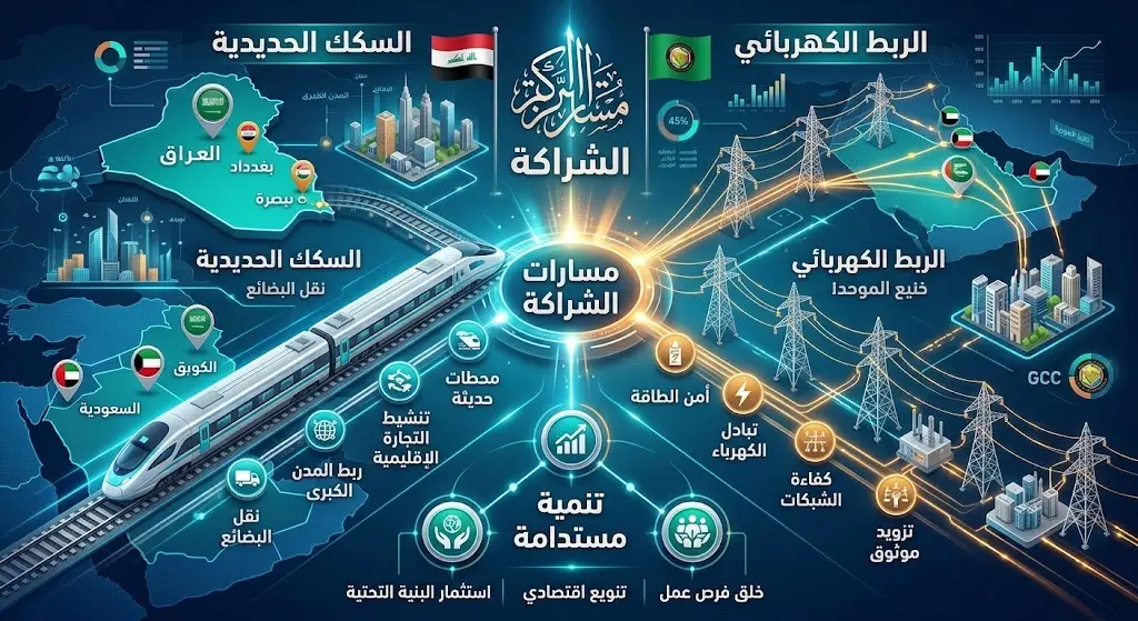 تصميم بصيري يستعرض مجالات الشراكة الاقتصادية بين العراق ومجلس التعاون الخليجي، مسلطاً الضوء على مشاريع الربط الكهربائي والسكك الحديدية.