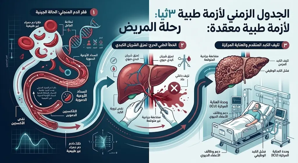 إنفوجرافيك طبي يوضح التسلسل الزمني للأزمة الصحية التي مر بها فياض الكندي بدءاً من الأنيميا المنجلية والخطأ الطبي وصولاً إلى تليف الكبد.