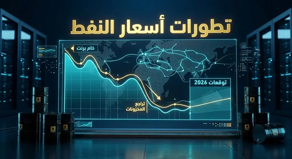 إنفوجرافيك مالي يوضح تراجع أسعار النفط عالمياً وتوقعات المحللين لعام 2026 بالتزامن مع تأمين طرق الإمدادات.