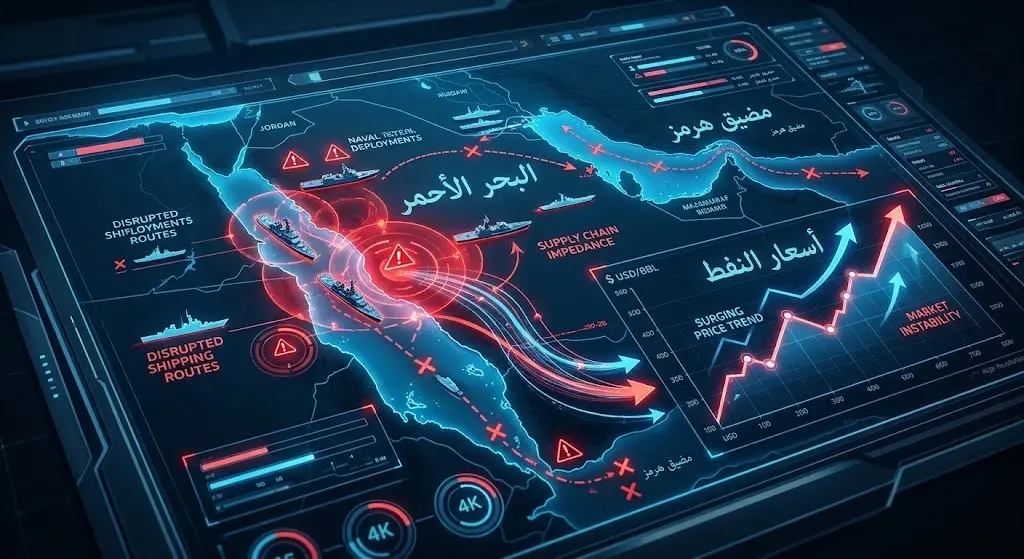 تصميم بياني يبرز تأثير التوترات العسكرية في البحر الأحمر ومضيق هرمز على مسارات الشحن البحري وأسعار النفط.
