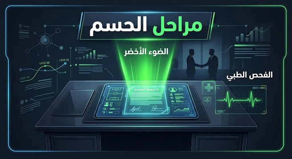 تصميم رقمي يبرز المراحل النهائية للمفاوضات، يظهر عقداً مضيئاً ورموزاً تشير إلى الفحوصات الطبية المرتقبة والضوء الأخضر لإتمام الصفقة.