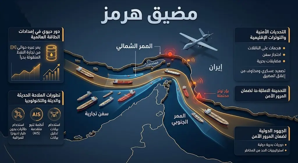 إنفوجرافيك يوضح مسارات الملاحة وحركة السفن التجارية في الممرين الشمالي والجنوبي لمضيق هرمز وسط التوترات الأمنية.