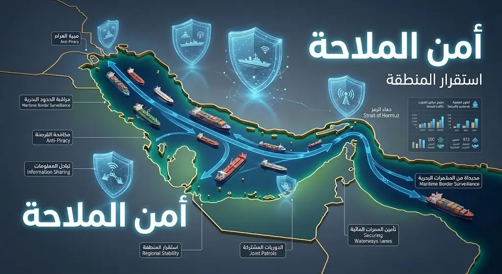 تصميم بياني يوضح خريطة الممرات البحرية في الشرق الأوسط ويسلط الضوء على جهود تأمين الملاحة.