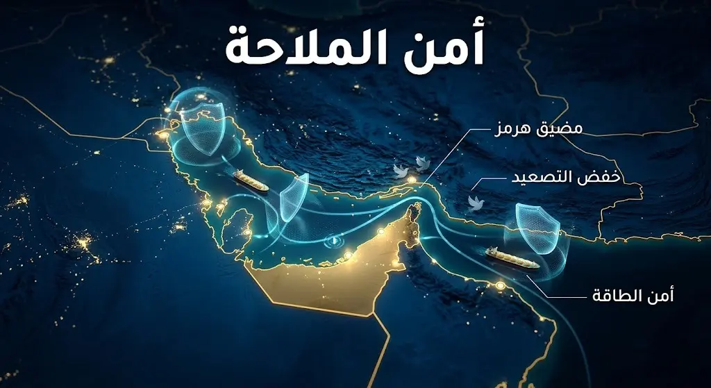 تصميم بصري يوضح أهمية حماية أمن الملاحة في مضيق هرمز وتأمين خطوط إمداد الطاقة العالمية