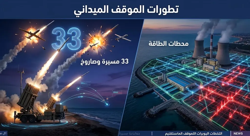 تصميم إنفوجرافيك إخباري يوضح تصدي الدفاعات الجوية للمسيرات وتأثر محطات الطاقة في الكويت، مع إبراز الرقم 33 لعدد الأهداف التي تم تدميرها.